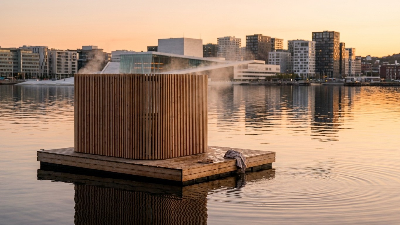 J'ai réservé un sauna flottant à Oslo trois jours avant d'arriver juste pour me réchauffer après le bain : devant Sørenga,...