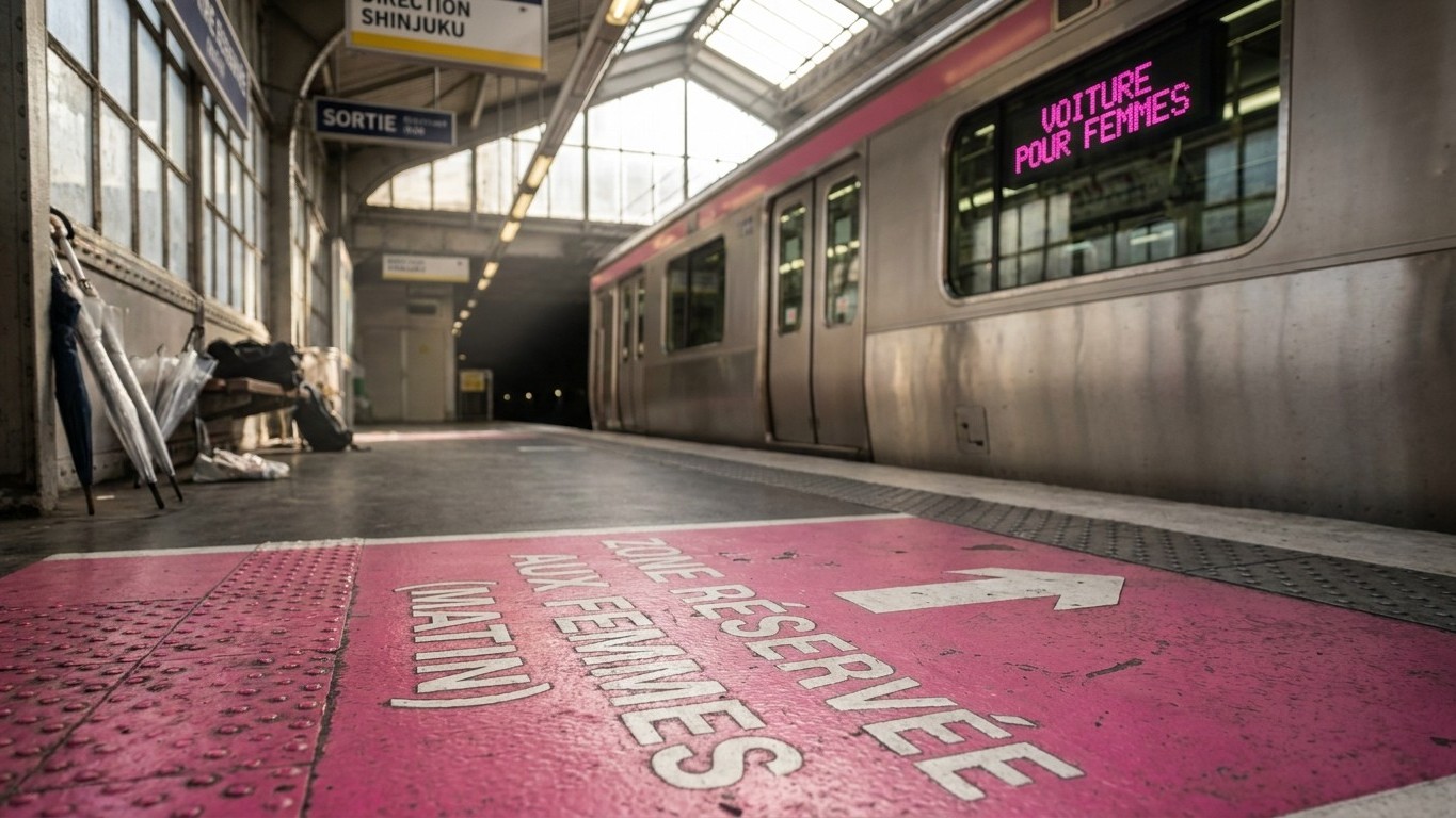 On monte tous dans le premier wagon libre à Tokyo, sauf les voyageurs qui savent qu'avant 9 h 30 celui au sol rose n'est p...