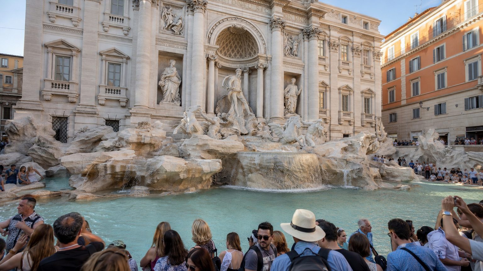 J'ai payé 2 € pour descendre au bord du bassin de la fontaine de Trevi : quelques marches plus haut, la même vue sur le mo...