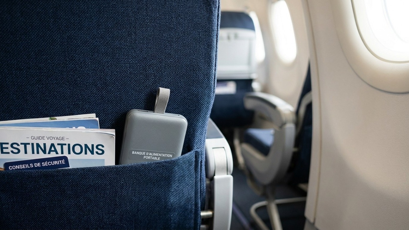 On glisse tous sa batterie externe dans le coffre à bagages au-dessus du siège, sauf que sur ces cinq compagnies elle doit...